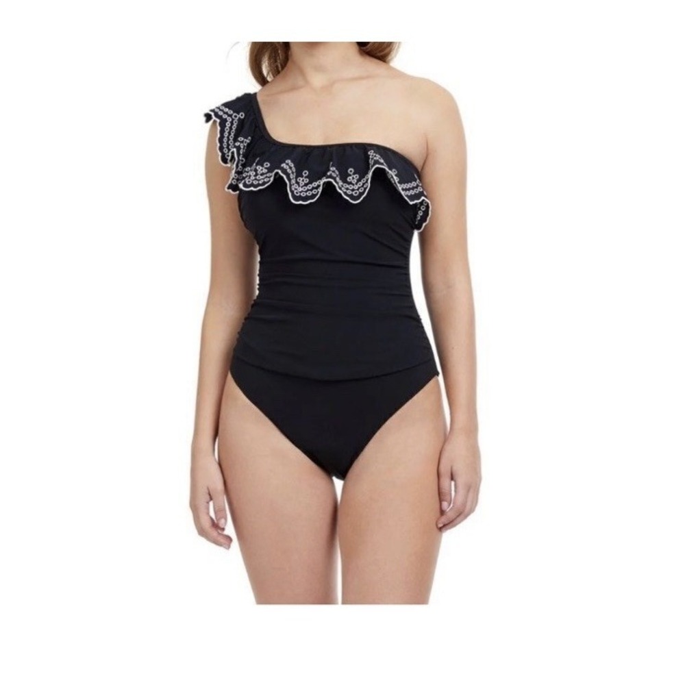 Profile By Gottex Sz 6 Ruffle Embroidered One Shoulder One Piece Black Swimsuit